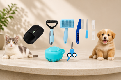 9-In-1 Pet Grooming Kit, Self-Cleaning Slicker Brush, Deshedding Rake, Lint Remover, Nail Clipper & More, Complete Cats & Dog Care Set.