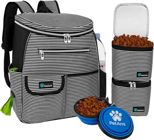 Dog Travel Backpack Organiser with Poop Bag Dispenser & Collapsible Bowls – Black - Pawdorable.store