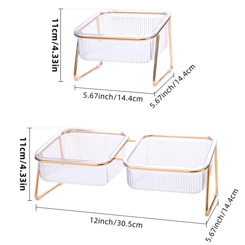 Elevated Double Pet Bowl with Gold Stand – Transparent Tilted Feeder for Cats & Dogs - Pawdorable.store