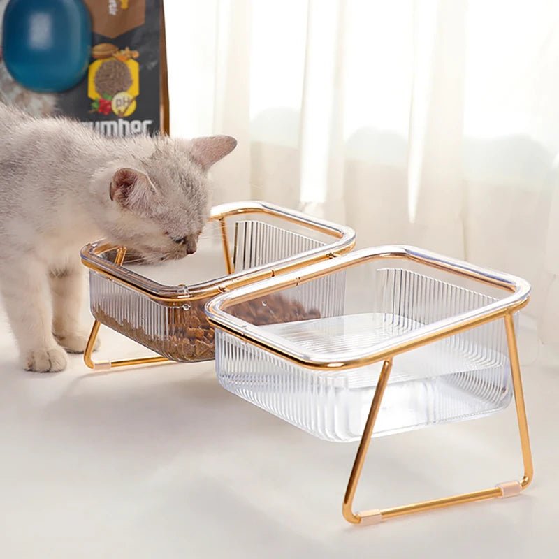 Elevated Double Pet Bowl with Gold Stand – Transparent Tilted Feeder for Cats & Dogs - Pawdorable.store
