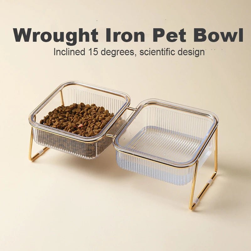 Elevated Double Pet Bowl with Gold Stand – Transparent Tilted Feeder for Cats & Dogs - Pawdorable.store