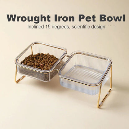Elevated Double Pet Bowl with Gold Stand – Transparent Tilted Feeder for Cats & Dogs - Pawdorable.store