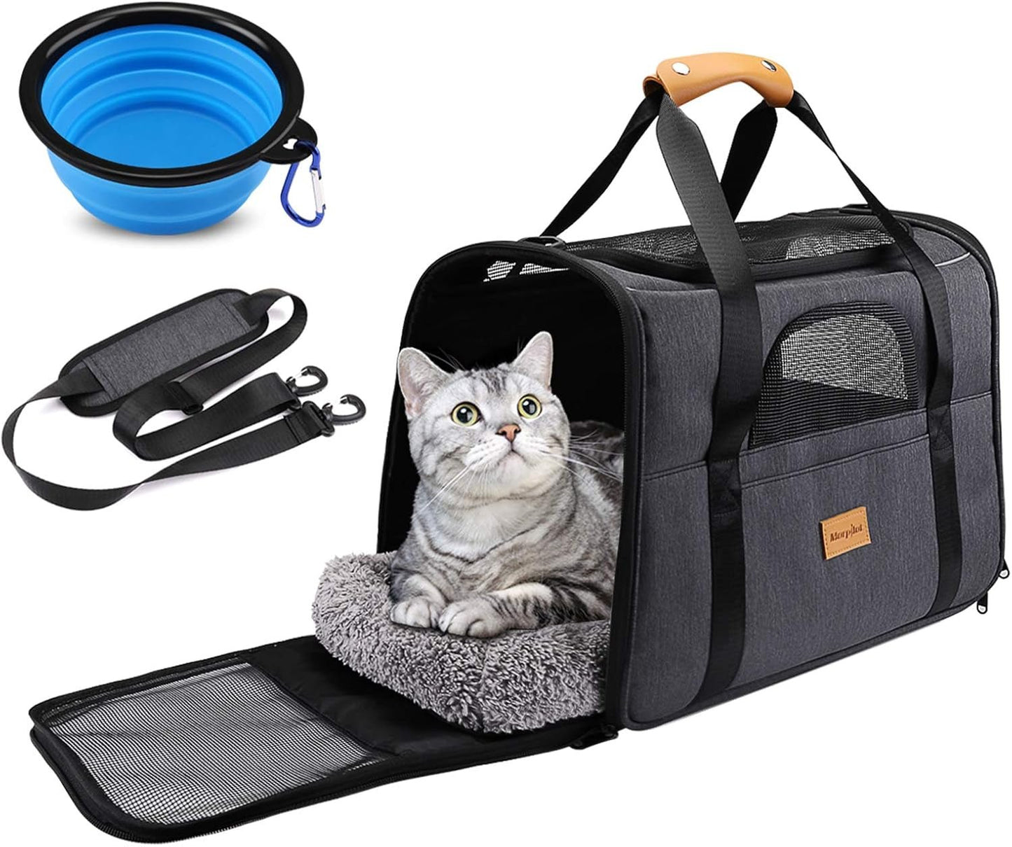 Foldable Cat Carrier with Shoulder Strap, Removable Mat & Pet Bowl – Airline Approved - Pawdorable.store