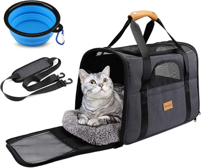 Foldable Cat Carrier with Shoulder Strap, Removable Mat & Pet Bowl – Airline Approved - Pawdorable.store