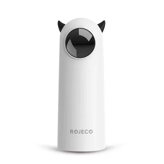 White ROJECO pet treat dispenser with black cat ears and lens, ideal for dog and cat training rewards