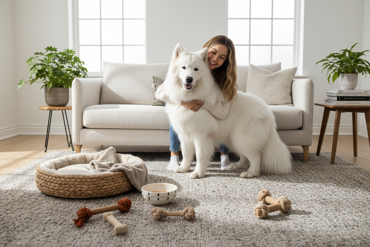 Owner cuddling dog