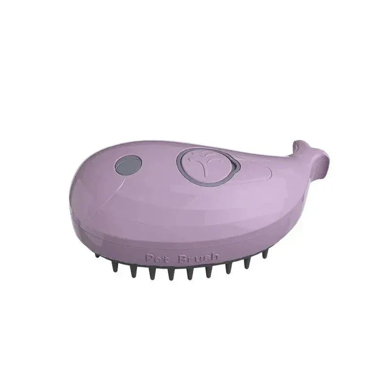 Purple whale-shaped pet brush with soft bristles for dog and cat grooming