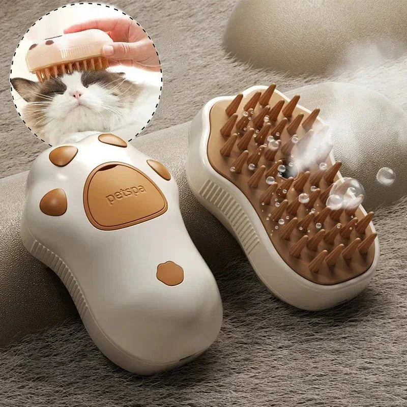 Paw-shaped pet grooming brush with soft bristles for cats and dogs, gentle massage tool with bubbles shown