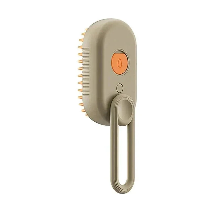 Beige pet grooming brush with orange button and metal bristles for cats and dogs