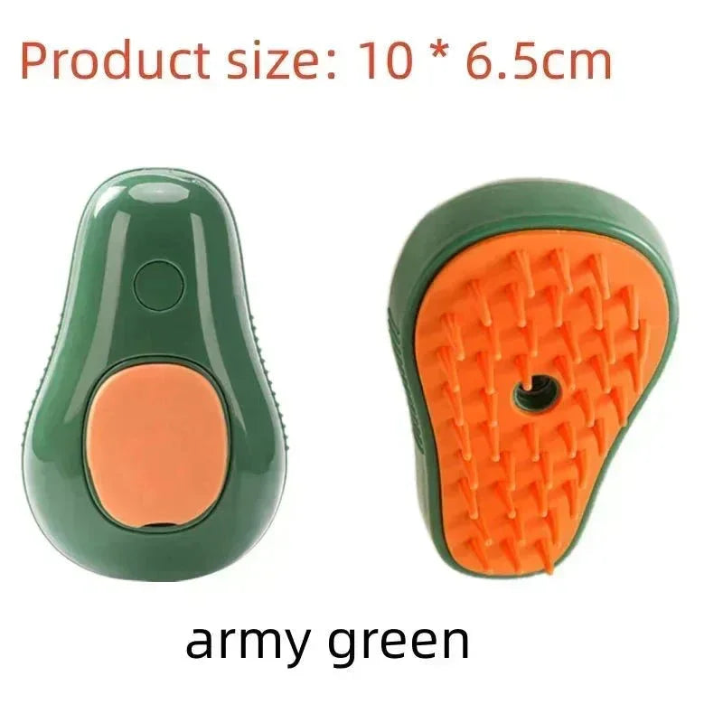 Army green avocado-shaped pet grooming brush with orange bristles, 10x6.5cm