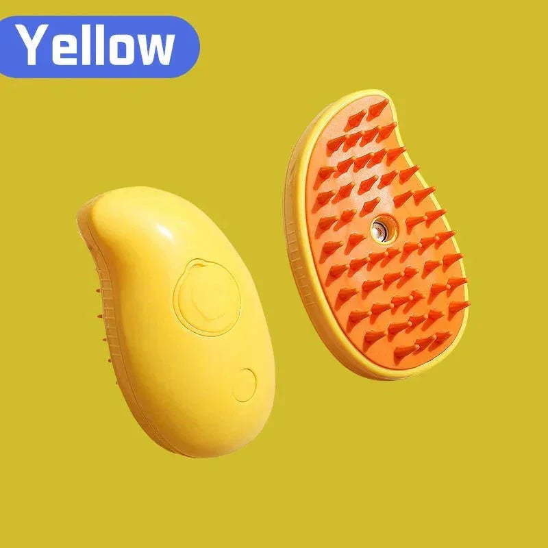 Yellow pet grooming brush with soft silicone bristles for dogs and cats