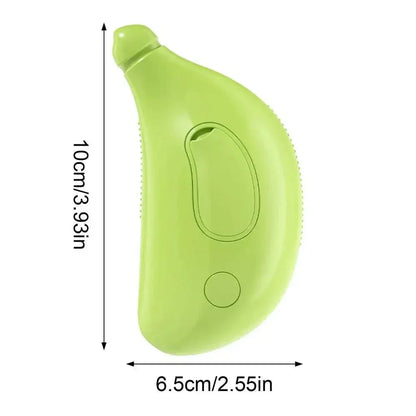 Green pet grooming tool with dimensions for cats and dogs, 10cm x 6.5cm